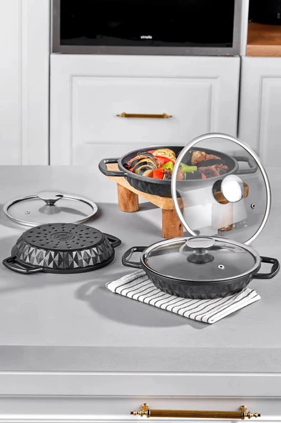 Taç Bella Döküm Cam Kapaklı 3'lü Sahan Seti 18-20-22 Cm TAC-8063