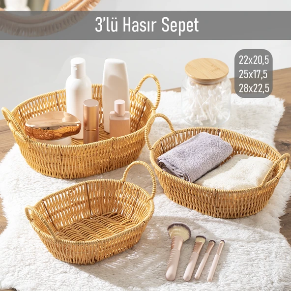 Porsima 302-B Oval 3'lü Hasır Sepet Dekoratif Ev Düzenleyici Kendinden Kulplu Hasır Sepet Seti Banyo Düzenleyici Sepet