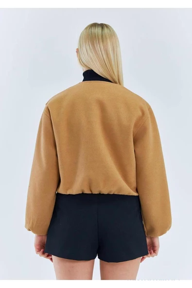 Kadın Fermuarlı Beli ve Kolu Lastikli Bomber Kaşe Ceket - 8