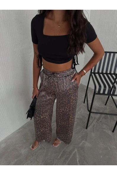 LEOPAR DESENLİ BELİ LASTİKLİ PARLAK PALOZZO PANTOLON - 8