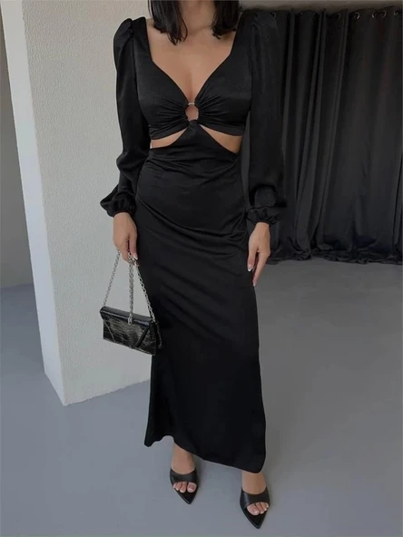 BEL DEKOLTELİ TOKALI ELBİSE SATEN - Siyah - Resim 4