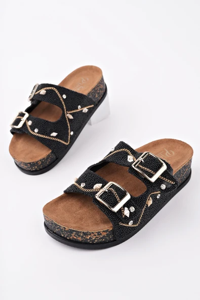 Muggo SHEİLA Çift Bantlı Taşlı Ayarlanabilir Kemerli Günlük Kadın Terlik - 7