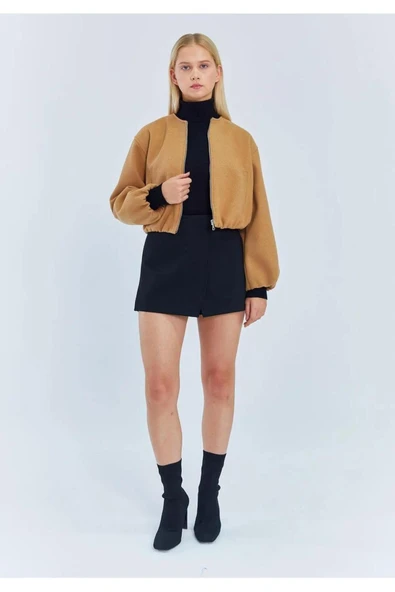 Kadın Fermuarlı Beli ve Kolu Lastikli Bomber Kaşe Ceket - 5