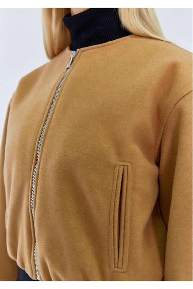 Kadın Fermuarlı Beli ve Kolu Lastikli Bomber Kaşe Ceket - 12