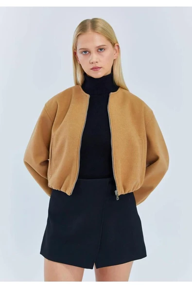 Kadın Fermuarlı Beli ve Kolu Lastikli Bomber Kaşe Ceket - 9