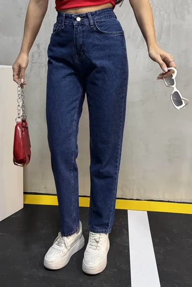 Düz Orta Kadın Mavi Slim Fit Mom pantolon - 3