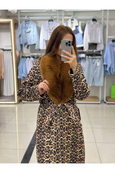 KUŞAKLI LEOPAR DESENLİ KÜRKLÜ KAŞE KABAN - 5