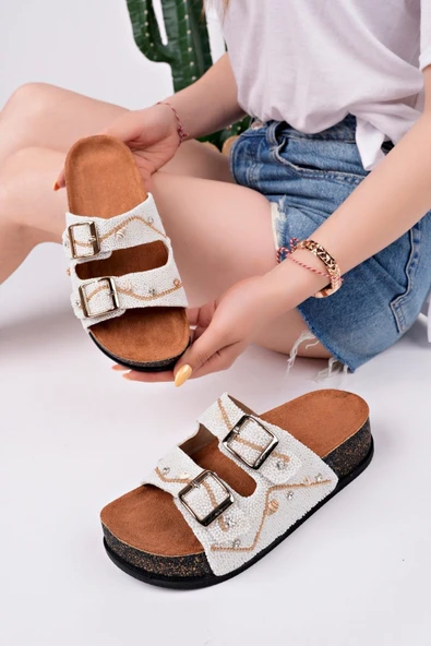 Muggo SHEİLA Çift Bantlı Taşlı Ayarlanabilir Kemerli Günlük Kadın Terlik - 8