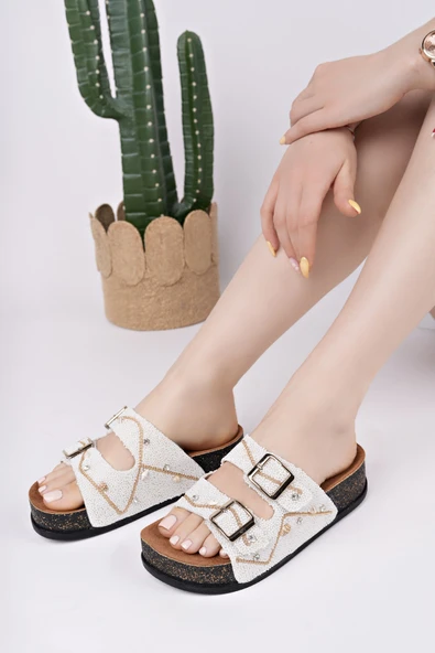 Muggo SHEİLA Çift Bantlı Taşlı Ayarlanabilir Kemerli Günlük Kadın Terlik - 9