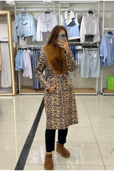KUŞAKLI LEOPAR DESENLİ KÜRKLÜ KAŞE KABAN - 6