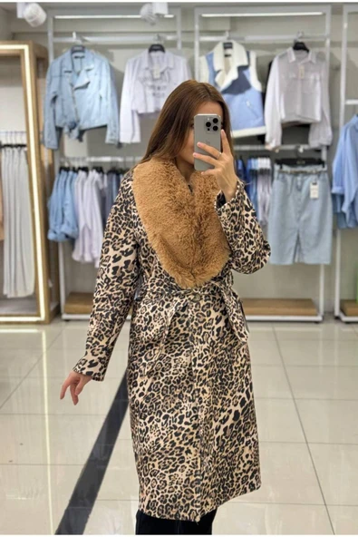 KUŞAKLI LEOPAR DESENLİ KÜRKLÜ KAŞE KABAN - 12