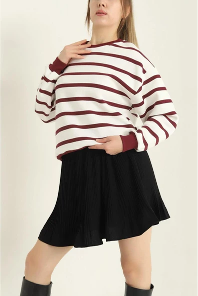 Kadın Cool Oversize  Kalıp Bisiklet Yaka Kalın Basic  Üç İplik İçi Şardonlu Çizgili Sweatshirt - 7