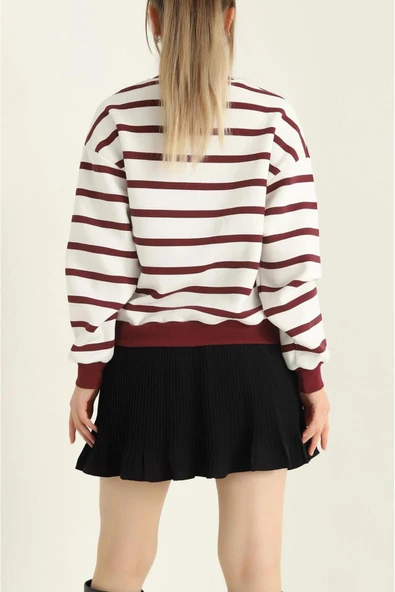 Kadın Cool Oversize  Kalıp Bisiklet Yaka Kalın Basic  Üç İplik İçi Şardonlu Çizgili Sweatshirt - 2