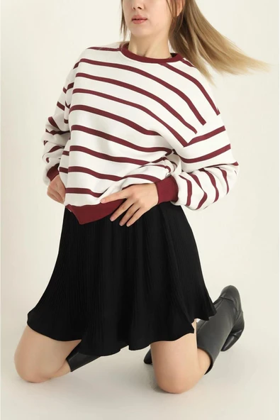 Kadın Cool Oversize  Kalıp Bisiklet Yaka Kalın Basic  Üç İplik İçi Şardonlu Çizgili Sweatshirt - 5