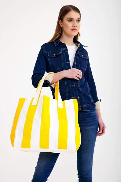 Kadın Kanvas 2 Cepli Günlük Renkli Plaj Omuz Çantası Sarı - Resim 3