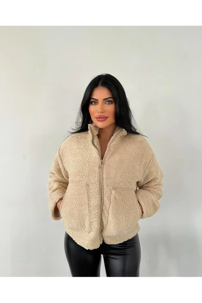 Kadın Premium Tasarım Fermuarlı Peluş Mont, Yumuşak Kumaş Astarlı Kaban - 8