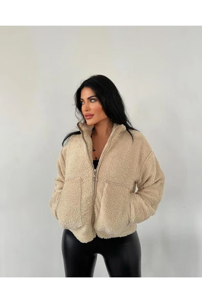 Kadın Premium Tasarım Fermuarlı Peluş Mont, Yumuşak Kumaş Astarlı Kaban - 7