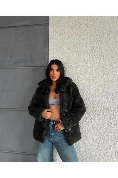 Kadın Etnik Düğmeli Astarlı Peluş Mont Kaban - 2