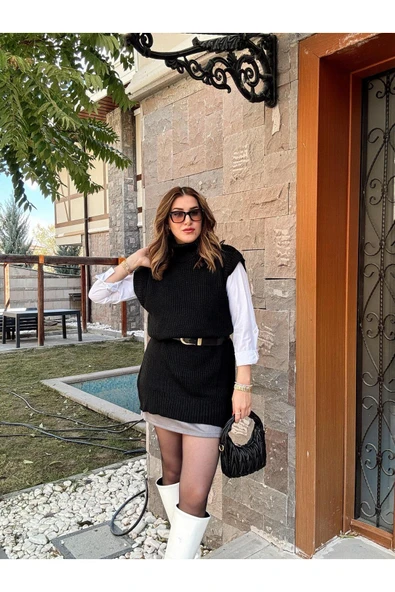 Kadın Boğazlı Triko Süveter, Tesettür Tunik Kazak - 2