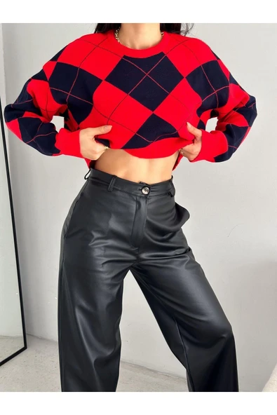 Kadın Baklava Desenli Crop Kazak, Triko Kazak - 2