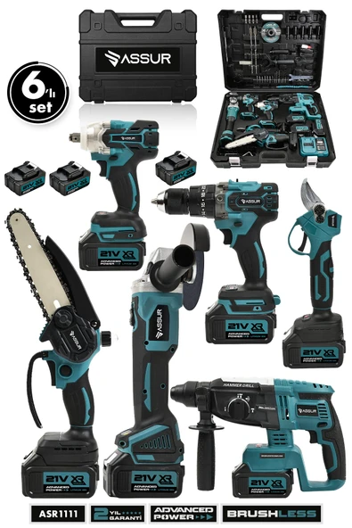 Assur Profesyonel 21V Makas Taşlama Somun Sıkma Testere Hilti Matkap 6'lı Set - 1