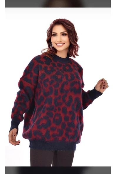 Leopar Desen Bisiklet Yaka Kazak, Yumoş  Sakallı Triko Tesettür Kazak - 3