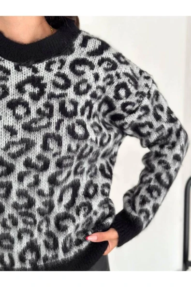 Leopar Desen Bisiklet Yaka Kazak, Yumoş  Sakallı Triko Tesettür Kazak - 8