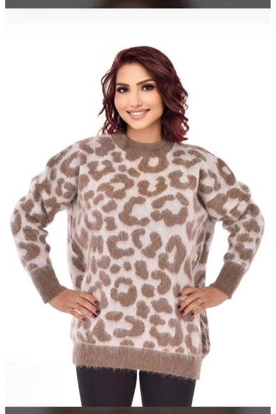 Leopar Desen Bisiklet Yaka Kazak, Yumoş  Sakallı Triko Tesettür Kazak - 2