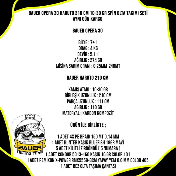 Bauer Opera 30 Haruto 210 Cm 10-30 Gr Spin Olta Takımı Seti - Resim 5