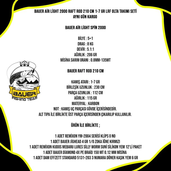 Bauer Air Light 2000 Raft Rod 210 Cm 1-7 Gr LRF Olta Takımı Seti - Resim 5