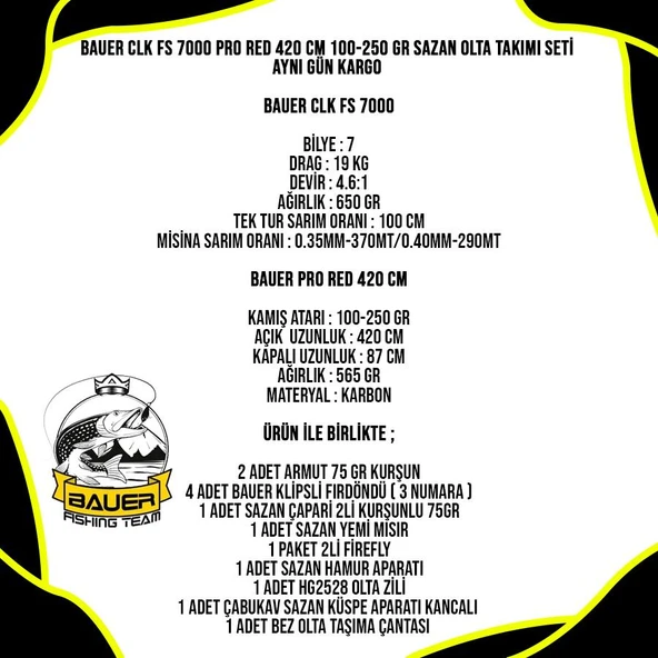 Bauer CLK FS 7000 Pro Red 420 Cm 100-250 Gr Sazan Olta Takımı Seti - Resim 5