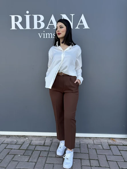 Dar paça pileli kemerli mevsimlik kumaş kadın pantolon - 7