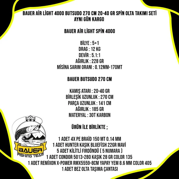Bauer Air Light 4000 Butsudo 270 Cm 20-40 Gr Spin Olta Takımı Seti - Resim 5