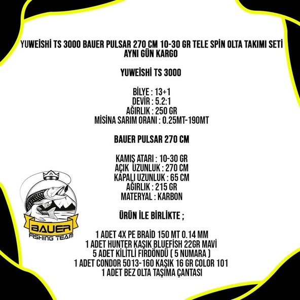 Yuweishi TS 3000 Bauer Pulsar 270 Cm 10-30 Gr Tele Spin Olta Takımı Seti - Resim 5