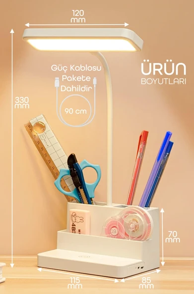Şarjlı Masa Lambası - 3 Renk Dokunmatik Telefon Standlı 400 Lümen USB Şarjlı Göz Yormayan Işık - 6