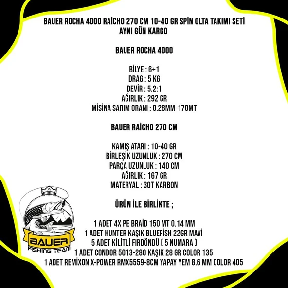 Bauer Rocha 4000 Raicho 270 Cm 10-40 Gr Spin Olta Takımı Seti - Resim 5