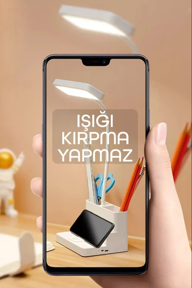 Şarjlı Masa Lambası - 3 Renk Dokunmatik Telefon Standlı 400 Lümen USB Şarjlı Göz Yormayan Işık - 8