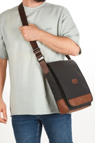 Unisex Siyah Kanvas Çanta Çok Bölmeli Laptop Tablet Çantası  Çapraz Omuz Postacı Çantası - 4