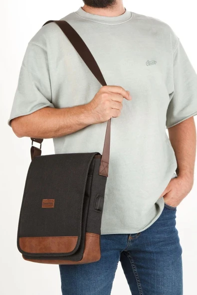 Unisex Siyah Kanvas Çanta Çok Bölmeli Laptop Tablet Çantası  Çapraz Omuz Postacı Çantası - 3