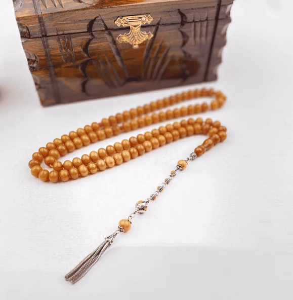 925 Ayar Gümüş Püsküllü 99'Luk Sıkma Kehribar Namaz Tesbihi ürün görseli 1