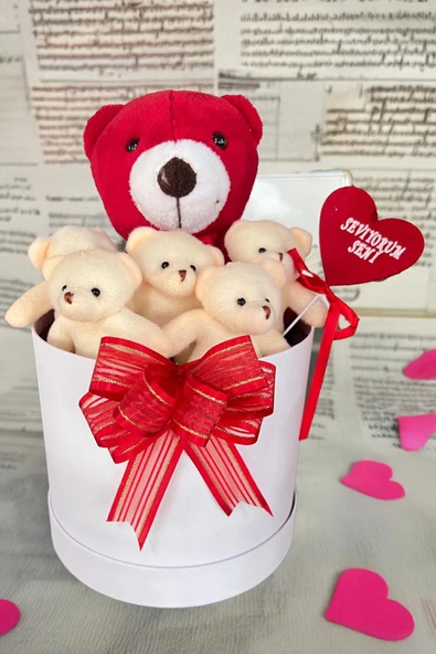 SOLE Premium Özel Kutusunda Kırmızı Ayıcık ve  Ekru Peluş Ayıcık Buketi, Sevgiliye, Doğum Gününe Hediye - 3