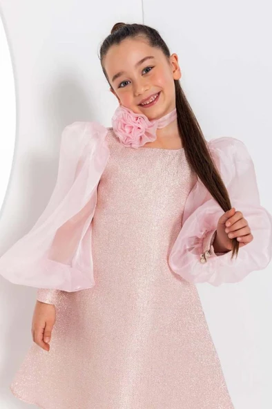 Kız Çocuk Çiçekli Boyunluk Hediyeli Şeffaf Karpuz Kollu Üzeri Simli Pembe  Elbise - Resim 2