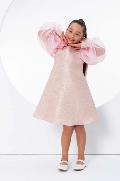 Kız Çocuk Çiçekli Boyunluk Hediyeli Şeffaf Karpuz Kollu Üzeri Simli Pembe  Elbise ürün görseli