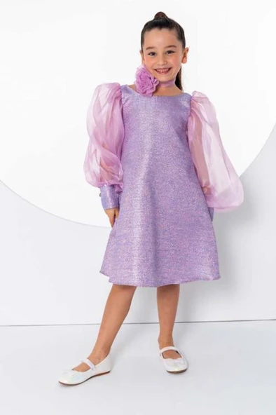 Kız Çocuk Çiçekli Boyunluk Hediyeli Şeffaf Karpuz Kollu Üzeri Simli Lila Elbise - Resim 2