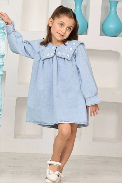 Kız Çocuk Yakası Nakış Papatya Detaylı Jean Elbise 12192 - 4