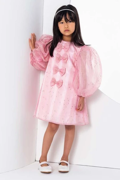 Kız Çocuk Önü Boydan Aşağı Fiyonk Detaylı Balon Kollu İçi Astarlı Pembe Elbise - Resim 7