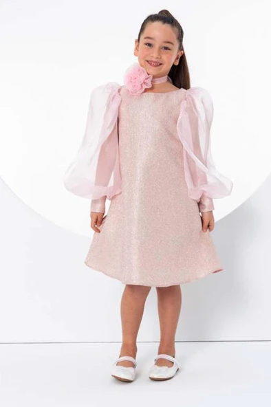 Kız Çocuk Çiçekli Boyunluk Hediyeli Şeffaf Karpuz Kollu Üzeri Simli Pembe  Elbise - Resim 4