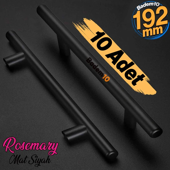 RoseMary 192 mm Mobilya Mutfak Çekmece Dolap Kapak Kulpu Kulbu 19.2 cm Mat Siyah Metal Kulp 10 ADET