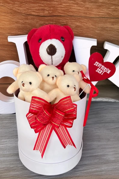 SOLE Premium Özel Kutusunda Kırmızı Ayıcık ve  Ekru Peluş Ayıcık Buketi, Sevgiliye, Doğum Gününe Hediye