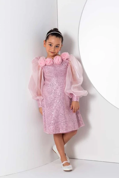 Kız Çocuk Yakası Boydan Gül Broş Detaylı Bilekleri ve Üzeri Pullu Karpuz Kollu Pembe Elbise - Resim 5